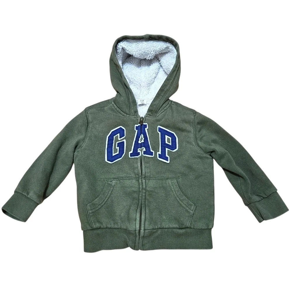 Baby GAP Toddler Boys Cozy Logo Zip Hoodie Army Green Sherpa Lined 3T FA18